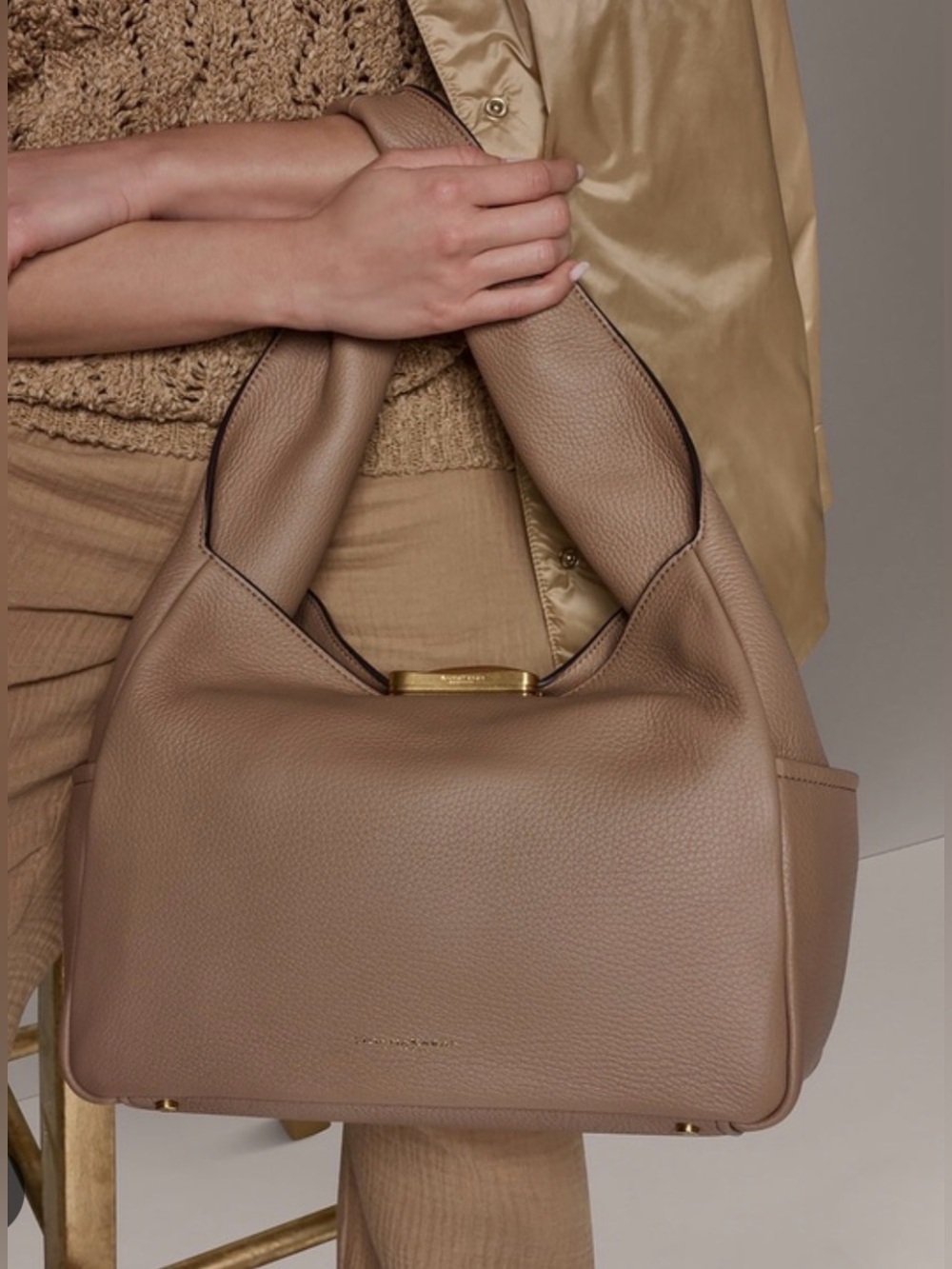 Donna Karan Brown Pebbled Leather Shoulder Hobo with Gold Accent